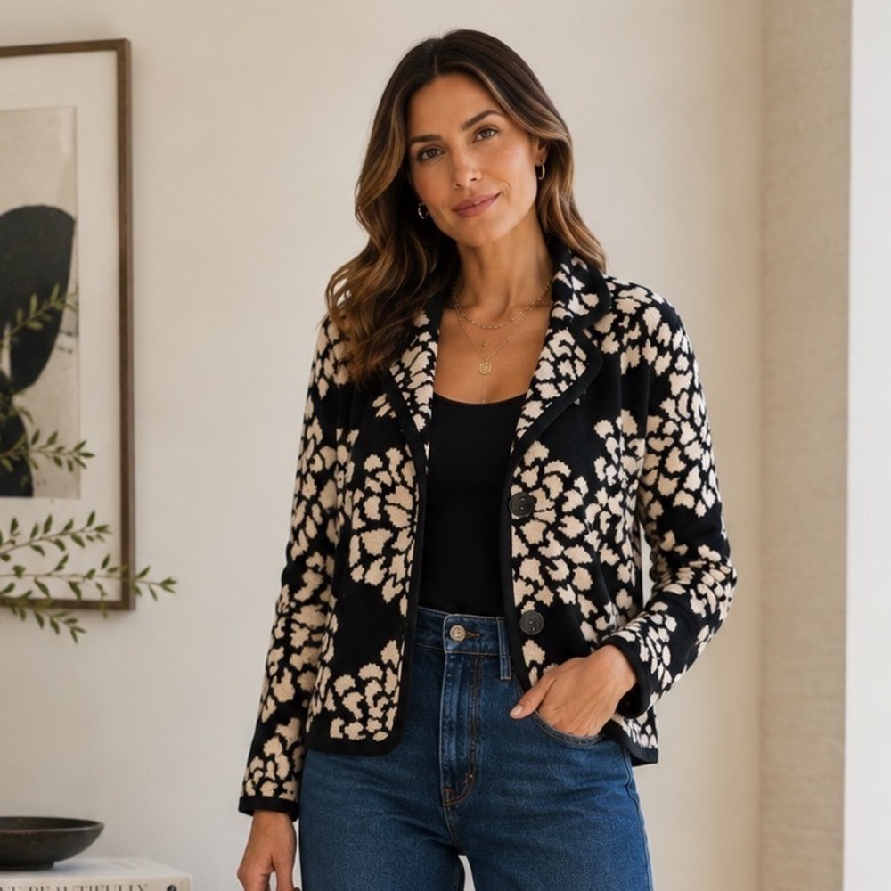 Chic Eclectic Preppy Floral Knit Cardigan Blazer Old Money Luxe Black Sz M